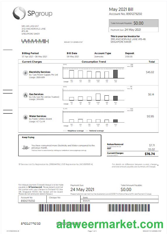 SINGAPORE SP GROUP utility bill Word and PDF template